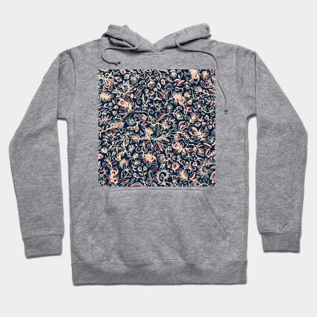 Navy Garden - floral doodle pattern in cream, dark red & blue Hoodie by micklyn